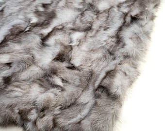 Fox fur real throw blanket with gray natural pattern, elegant bedspread & fox fur rug for living room and bedroom decor, housewarming gift