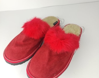 Fur Sheepskin Leather Slippers Red for Women • Cozy Warm House Wool Slippers  •  Handmade genuine leather slippers