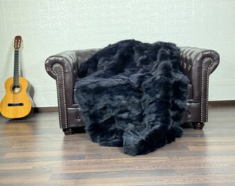GORGEOUS DOUBLE SIDED Real Fox Fur Blanket Throw Blue Black - Personalized Handcrafted Warmth for Home Decor - Organically Farmed Fox Fur
