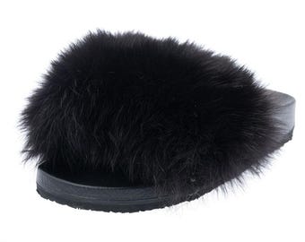 Fur slides, fur slippers, fox fur slides, fluffy slides