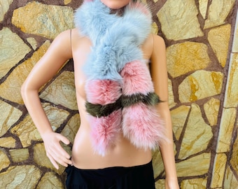 LUXURIOUS Real Fox Fur Scarf Colorful– Cozy Winter Wrap – Luxurious, Sustainable Fashion Statement