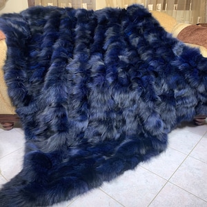 Real Blue Fur Blanket • Personalized Fox Fur Blanket Throw • Handmade Genuine Fur Blanket • Fur Bedspread n Sofa Cover