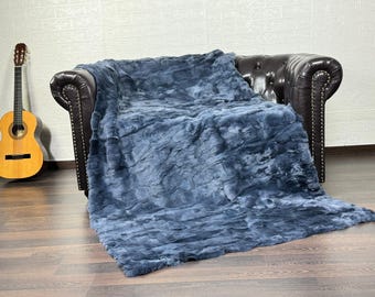 Luxurious Real Rex  Rabbit Fur Blanket Throw Blue - Handcrafted Soft Warmth for Cozy Nights