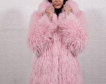 Mongolian sheepskin wool coat pink long knee length heavy fluffy winter overcoat