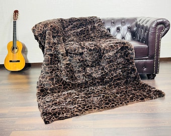 EXCLUSIVE Real Rex RABBIT FUR Throw Leopard Brown Print • Large fur Rabbit Area Rug • Ethically Farmed Rabbit Fur • Scandinavian Decor