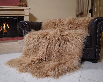 Mongolian sheepskin wool blanket light brown fluffy throw nordic home decor gift