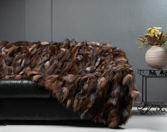 Real DOUBLE SIDED Crystal Fox Fur Throw  Personalized Genuine Fur Throw Rug • Housewarming Gift • Handmade Vintage Fur Throw for Living Room