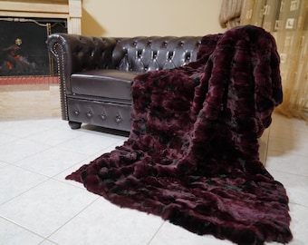 Red black rex rabbit fur throw blanket luxury soft real fur bedspread handmade genuine fur sofa accent gift