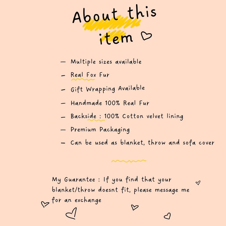 May include: Text on a peach background reads "About this item" with a heart symbol. Bullet points describe the item: multiple sizes, real fox fur, gift wrapping, handmade real fur, cotton velvet lining, premium packaging, and use as a blanket, throw, or sofa cover.