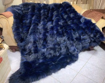 Real Blue Fur Blanket • Personalized Fox Fur Blanket Throw • Handmade Genuine Fur Blanket • Fur Bedspread n Sofa Cover