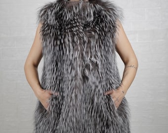 Silver fox fur vest jacket full skin pelts for women stylish winter fur outerwear