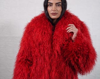 Mongolian sheepskin wool jacket red fluffy women hip length bold winter coat