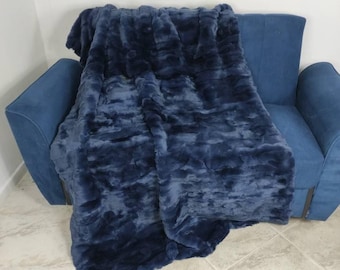 Real  Blue Rex Rabbit Fur Blanket Throw • Personalized Housewarming Gift Sofa Cover n Bedspread •  Handmade Genuine Fur