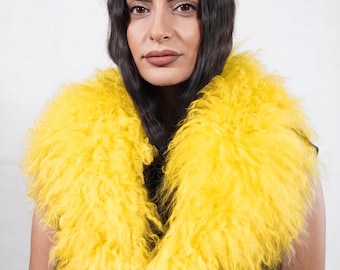 Μongolian sheepskin fur collar yellow fluffy wool luxury winter accessory women