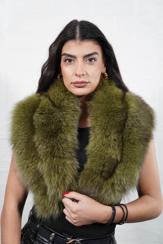 Elegant Soft Fox Fur Collar Scarf Green, Elegant Fluffy Fur Shawl