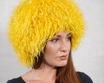 Mongolian sheepskin wool hat yellow fluffy winter women adjustable warm velvet lined