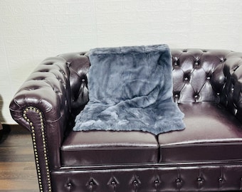 Real DOUBLE SIDED Grey Full Skin Rex Rabbit Fur Blanket Throw • Handmade Fur Sofa Cover n Bedspread • Vintage Rabbit fur Throw Blanket