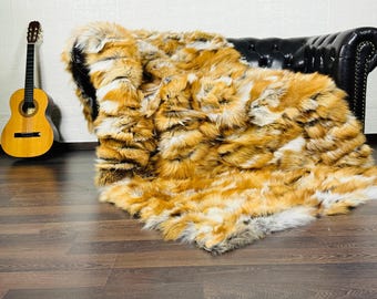 Luxurious fox fur real throw blanket in natural gold design, plush bedspread & fox fur rug for living room and bed decor