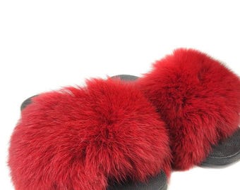 Fur slides, fur slippers, fox fur slides, fluffy slides