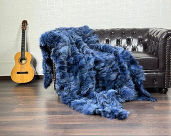 Real Blue Fox Fur Throw • Personalized Genuine Fur Throw Rug • Housewarming Gift • Handmade Vintage Fur Throw for Living Room n Bedroom