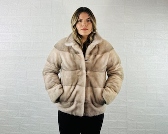 EXCLUSIVE Real Beige Pelt Mink Fur Jacket for Women with collar • Personalized Mink Fur Coat • Winter Vintage Fur Jacket
