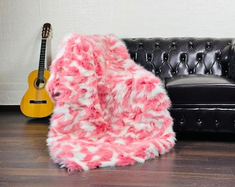 Fox fur real throw blanket Pink and White pattern luxurious bedspread fox fur rug for living room and bed decor