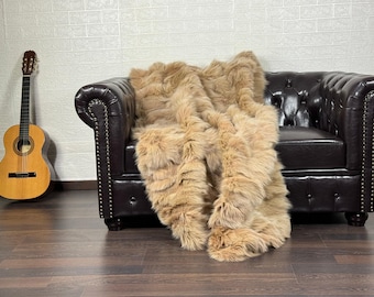 Elegant fox fur throw blanket beige, bedspread & fox fur rug for living room and bedroom design