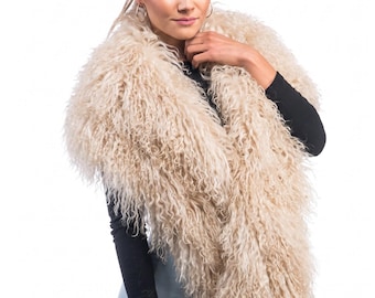 Mongolian sheepskin wool scarf cream beige extra long fluffy luxury winter wrap