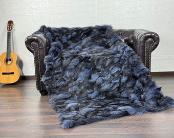 Unique fox fur throw blanket blue black, Personalized genuine handcrafted warmth for home, Organically and ethically farmed fox fur