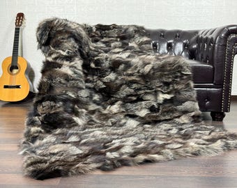 Real DOUBLE SIDED Brown Fox Fur Throw • Personalized Genuine Fur Throw Rug • Housewarming Gift • Handmade Vintage Fur Throw for Living Room