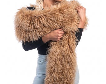 Mongolian sheepskin wool scarf camel brown extra long fluffy luxury winter wrap
