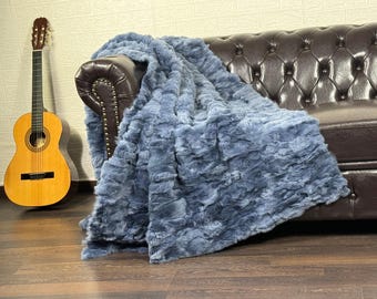 Real DOUBLE SIDED Rabbit Fur Blanket Throw Blue • Personalized Handmade Fur Sofa Cover n Bedspread • Vintage Rabbit fur Throw Blanket