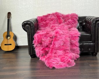 Real Fuchsia Fox Fur Throw • Personalized Genuine Fur Throw Rug • Housewarming Gift • Handmade Vintage Fur Throw for Living Room
