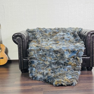 Gorgeous Real FOX FUR Throw Brown Blue • Large Area Rug  • Genuine Fur Rug  • Ethically Farmed Fox Fur  • Scandinavian Decor