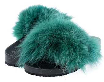 Fur slides, fur slippers, fox fur slides, fluffy slides