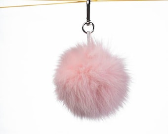 Pink Real Fox Fur Pom Pom Keychain - Handmade Fur Ball Keyrings For Car or House Keys & Bags | Women Accessories For Birthdays Gift