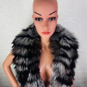 Black Silver fox fur collar scarf, detachable winter neckwarmer, fur stole wrap, gift for her