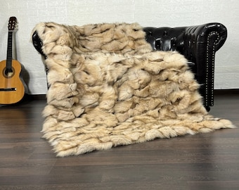 Real DOUBLE SIDED Beige Fox Fur Blanket Throw • Personalized Fox Blanket  • Genuine Fur House Decor • Fur Bedspread n Sofa Cover