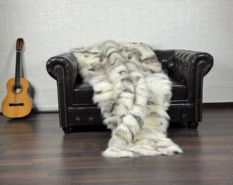 Luxurious fox fur real throw blanket platinum natural, plush bedspread & fox fur rug for living room and bed decor