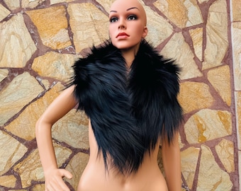 Black fox fur collar scarf for women and men, wrap detachable fur fluffy neckwarmer, winter statement fur stole, gift for her