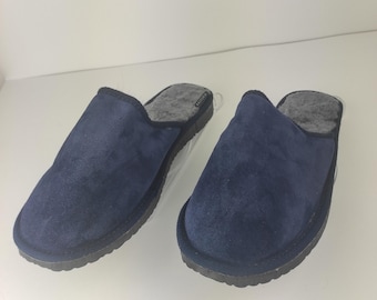 Fur Sheepskin Leather Slippers Blue for Men • Cozy Warm House Wool Slippers  •  Handmade genuine leather slippers
