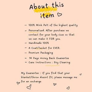 Pode incluir: Uma nota manuscrita em fundo p&ecirc;ssego com o t&iacute;tulo "Sobre este item". O texto descreve o item como 100% pele de vison, personalizado, feito &agrave; m&atilde;o e inclui uma garantia de reembolso. As instru&ccedil;&otilde;es de cuidado tamb&eacute;m s&atilde;o mencionadas.