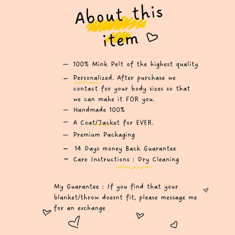 Pode incluir: Uma nota manuscrita em fundo p&ecirc;ssego com o t&iacute;tulo "Sobre este item". O texto descreve o item como 100% pele de vison, personalizado, feito &agrave; m&atilde;o e inclui uma garantia de reembolso. As instru&ccedil;&otilde;es de cuidado tamb&eacute;m s&atilde;o mencionadas.