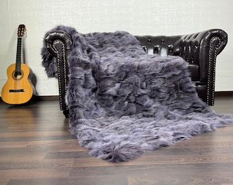 Real Purple Fox Fur Throw • Personalized Genuine Fur Throw Rug • Housewarming Gift • Handmade Vintage Fur Throw for Living Room n Bedroom