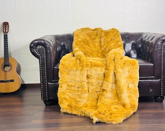 Unique Rex Rabbit Fur Blanket Throw Brown •  Personalized  Handmade Fur Sofa Cover n Bedspread • Vintage Rabbit fur Throw Blanket