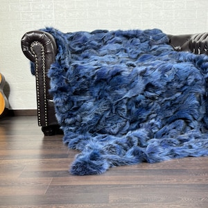 Real Blue Fur Blanket • Personalized Fox Fur Blanket Throw • Handmade Genuine Fur Blanket • Fur Bedspread n Sofa Cover