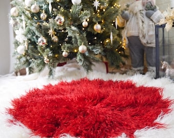 Mongolian sheepskin christmas tree skirt white red fluffy luxury holiday decor
