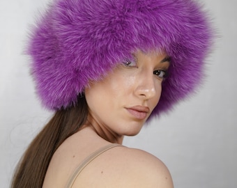 Purple fox fur headband full skin handmade luxury real fur ear warmer women winter accessory adjustable statement gift for her