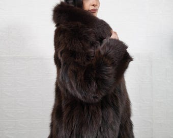 Luxurious Brown fox fur jacket coat with collar luxury real fur handmade genuine winter outerwear women gift