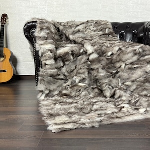 Real DOUBLE SIDED Fur Blanket Gray • Personalized Fox Fur Blanket Throw • Handmade Genuine Fur Blanket • Fur Bedspread n Sofa Cover